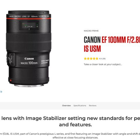 Canon EF 100mm f/2.8L Macro IS USM strøken, som ny ! Komplett i boks