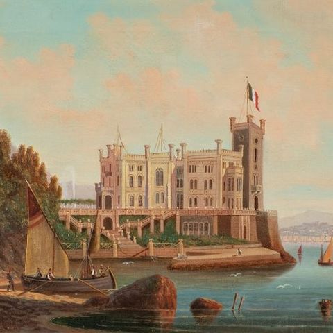 Italian School (Early XX) - Trieste, view of Miramare Castle with the Italian fl