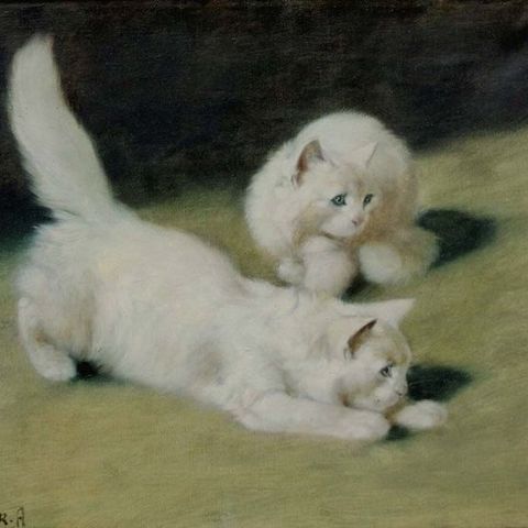 Artur Heyer (1872 - 1931) - Two white cats and a ladybug