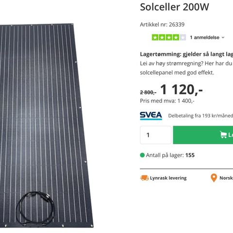 Solceller 200 watt -60% on grid eller batteri