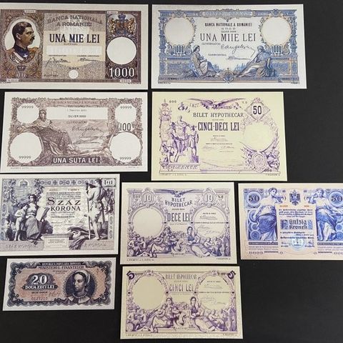 Samling av 9 RARE Edition sølv 999 belagte sedler ROMANIA - S0UVENIR GAVE Penger