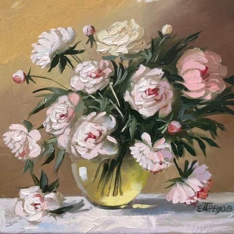 Eugène Pavlov (1958) - Pivoines dans un Vase Transparent