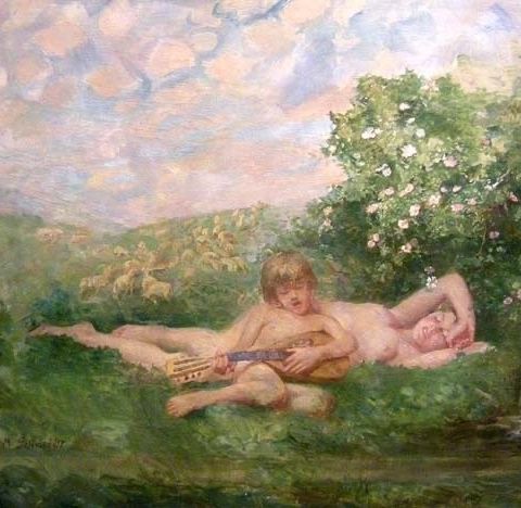 Max Schneidt (1858-1937) - Young shepherds resting on the meadow