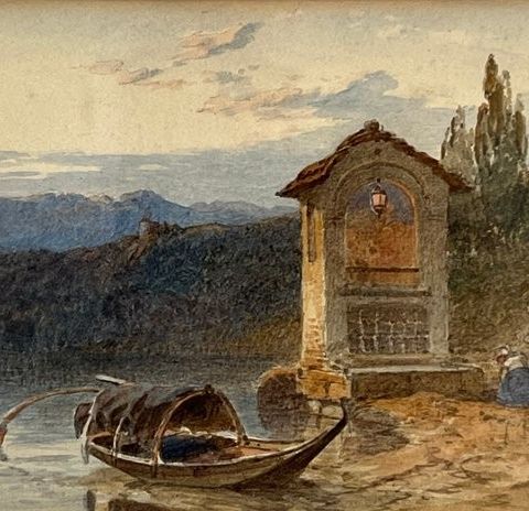 Italian school (XlX) - Figures near a shrine by a lake