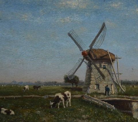 Jan Vrolijk (1845-1894) - Weidelandschap met koeien en molen