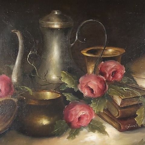 J. Libras  (XX) - Still life with roses and a tea pot