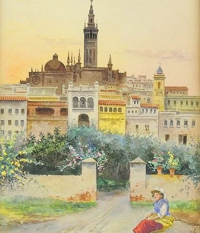 Manuel de Arpe y Caballero (1875-1960) - Paisaje de Sevilla, Catedral y Giralda 