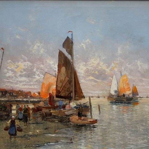 Georg Fischhof (1859 - 1914) - Dutch coastal scene: unloading the fishing catch