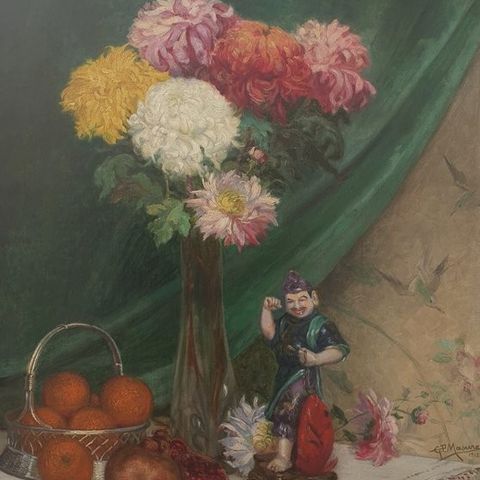 Georges Paul Masure (XIX-XX) - Still life with flowers, oranges, japanese fish a