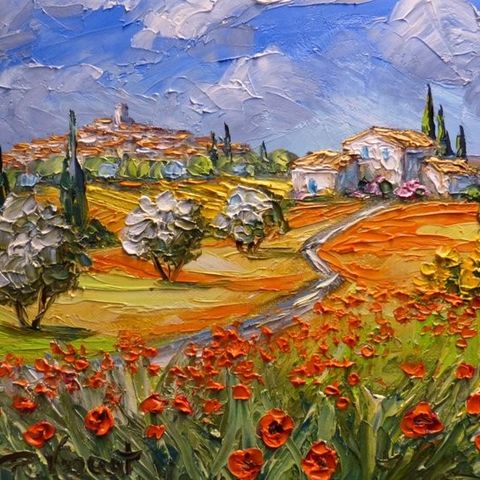 Vincent Rallo (1954) - Coquelicots devant le village du Castellet en Provence