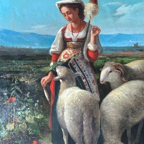 XIX Italian School - B. Amici - An Italian shepherdess weaving wool