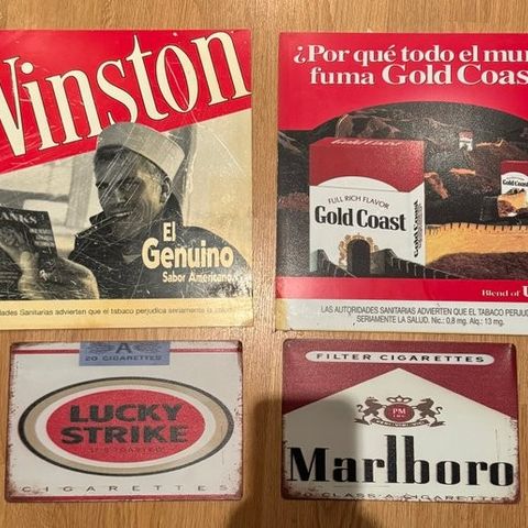 Temasamling - Nysgjerrig samling av 4 tobakksannonser: Marlboro Lucky Strike, Go