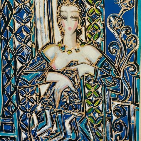 Hrasarkos (1975) - La Femme à l'éventail - Huile Acrylique sur toile