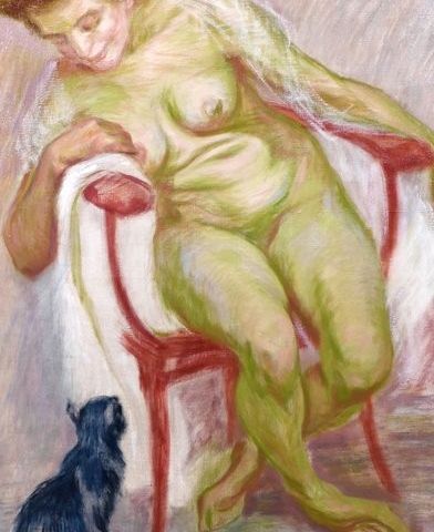 Raphaël-Léon Leguilloux (1871-1938) - Nude woman and her cat, study in green