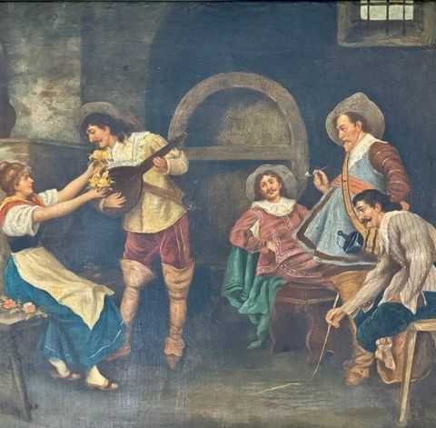 Italiensk skole (XIX) - A tavern scene with a gentleman serenading a lady with h