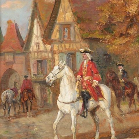 Raymond Desvarreux (1876-1961) - Cavalry man on horse back in village