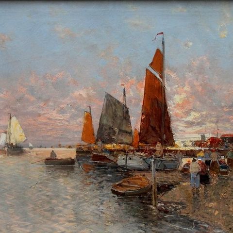 Georg Fischhof (1859-1914) - Dutch coastal scene: unloading the fishing catch