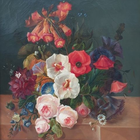 Gabriel Dudan (XIX) - Still life with flowers, roses, foxgloves, poppies, small 