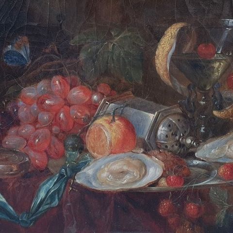 French school (XIX) - Still life with compass, oysters, grappes, lemon and red f