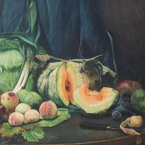 Hippolyte Michaud (XIX-XX) - Still life with melon, peachs, cabbage, grappes, pe