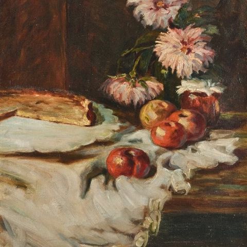 Jo Bauer-Stumpff (1873-1964) - Still life with flowers and apples on a draped ta