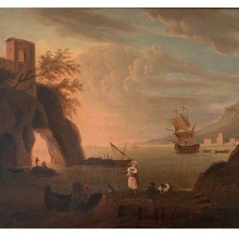 Italiensk skole (XVIII) - Italian school seascape with ships and figures.