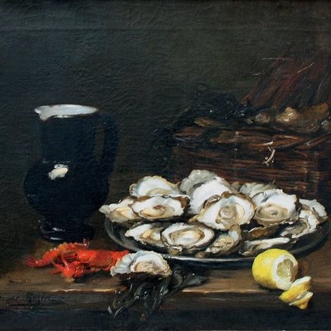 Dominique Rozier (1840 - 1901) - Gourmet still life with oysters, cancer , lemon