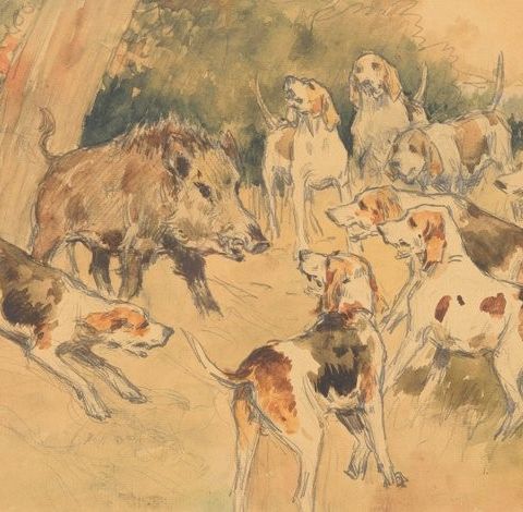 Georges Frédéric Rötig (1873-1961) - Hunting dogs surrounded a boar