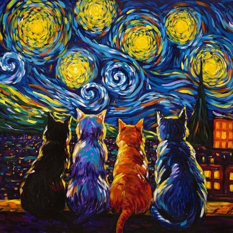 Iris Maria (XX-XXI) - Gatos en noche estrellada , inspiración Van Gogh