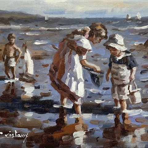 Francis Cristaux (1950) - Plage Normande - Enfants au bord de mer - Jeux de Plag