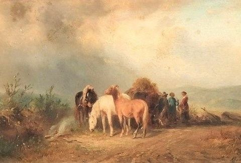 Albert Jurardus van Prooijen (1834-1898) - "Landschap met paarden en figuren"