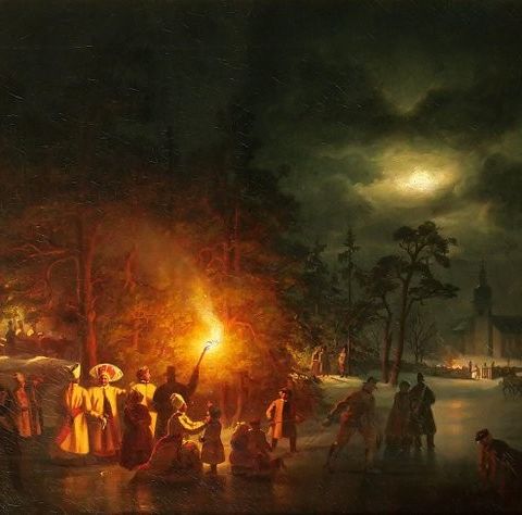 Ehrnfried Wahlqvist (1815-1895) - Sweden, night skating scene