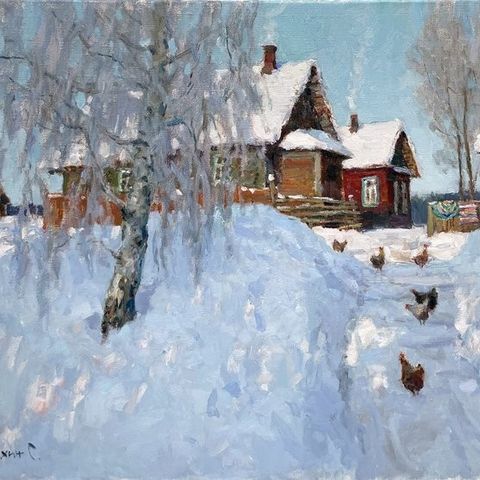 Sergei Nebessikhine (1964-) - Hiver au Village - Les Poules sur la Neige