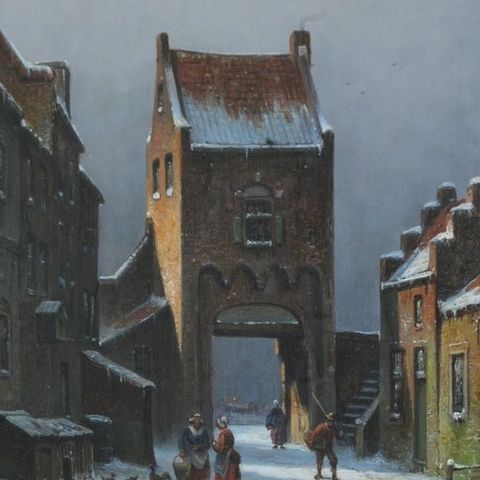 Eduard Alexander Hilverdink (1846-1891) - Winters stadsgezicht te Leerdam