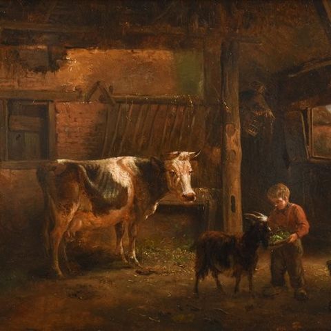 Albertus Verhoesen (1806-1881) - Barn interior with young farm hand, cow, goat a