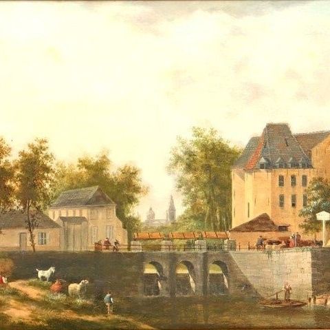 Dominique de Bast (1781-1842) - "gezicht op stad aan rivier met figuren bij tolh