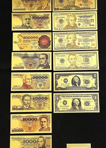 17x Limited Edition 24K gullbelagte sedler Polen zlotych og amerikanske dollar. 