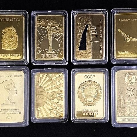 Memorabilia samling - 8 x forskjellige barer - belagt 24K gull, suvenirgave