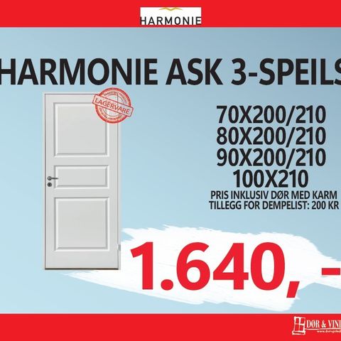 Harmonie Ask 3-speils innerdør inkl. karm