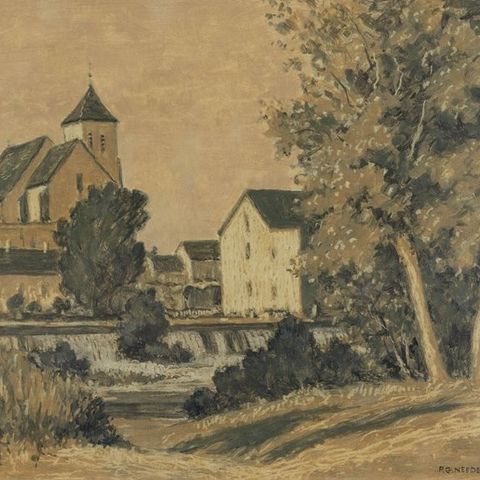 Philip Grégory Needell (1886-1974) - L'église et la cascade à Montigny sur Loing