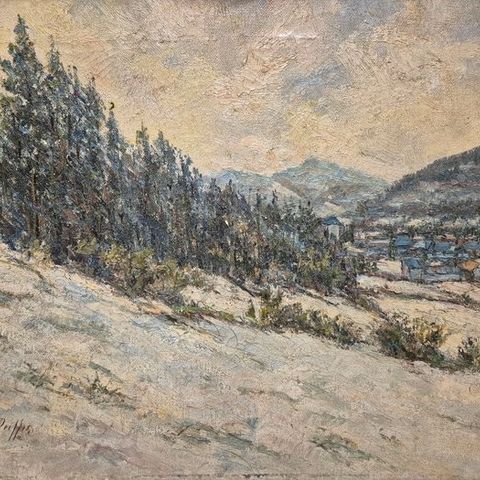 Peter Peiffer (XIX-XX) - Schneelandschaft mit Tannen und Blick ins Tal, Dorf