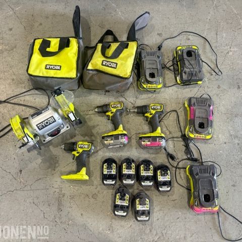 RYOBI RB6G1 BENKSLIPEMASKIN, RYOBI RDD18C SKRUTREKKER, 18V RYOBI BATTERI, 17.09