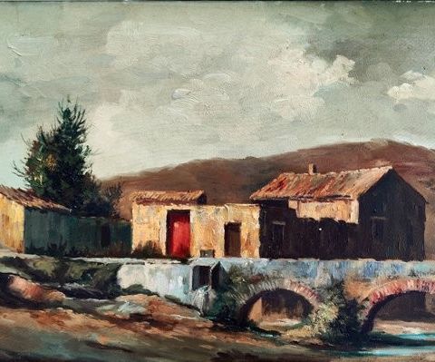 Carlos Peñalver Gisbert (1918-2003) - Paisaje con casas y puente