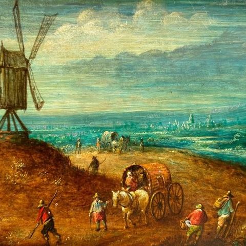 Jan Bruegel il Giovane (1601-1678), After - Paesaggi con viandanti e mulino a ve