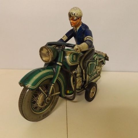 TippCo  - Tinnleke - TCO 598 Police Motorcycle Tinplate Toy, Unboxed, 29cm Long 