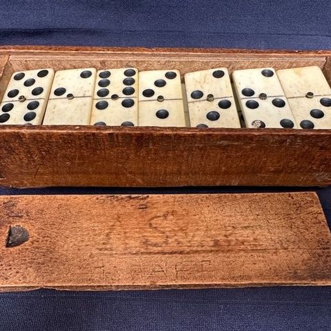 Antique Toy - Early 20th Century Bone & Ebony Domino Set In Rectangular Wooden C