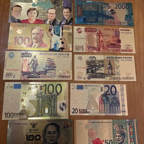 Memorabilia samling - 10 forskjellige 24K gullbelagte dekorasjonssedler, fra Rus