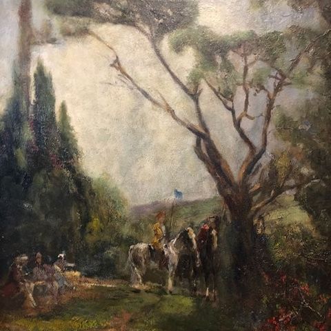 Carlo Agazzi (1870-1922) - Paesaggio con figure e cavalli