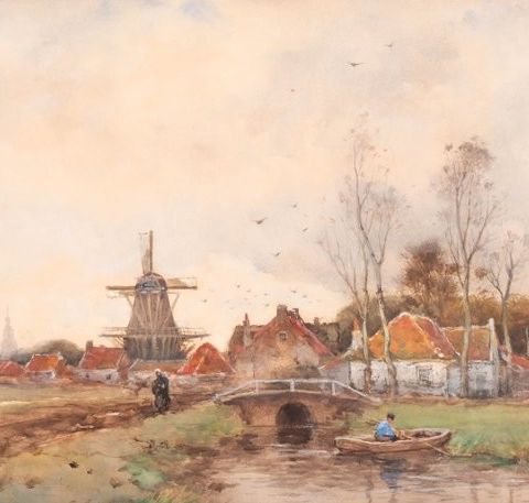 Willem Cornelis Rip (1856-1922) - Sunset over a Dutch village