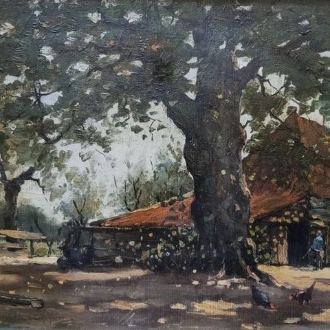 Frederik Rackwitsz (1887-1972) - Landschap met boerderij , scharrelende kippen e